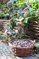 Autumn wreath and sweet chestnuts in a basket, Castanea sativa 