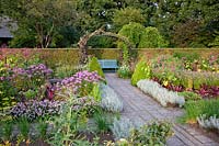 Cottage garden in late summer, Allium senescens, Helichrysum italicum; Cleome Senorita Rosalita, Persicaria orientalis; 