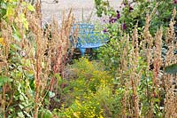 Vegetable garden in autumn with seed heads of orache, Atriplex hortensis rubra, Tagetes 