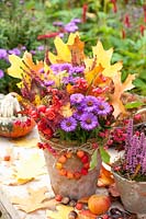 Autumnal arrangement with foliage, ornamental apple, heather, spindle tree and Aster dumosus Purple Dome 