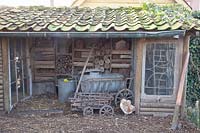 Chicken coop with ladder, chickens of the Faverolles breed 
