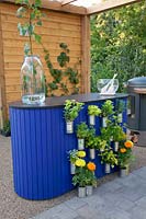Outdoor kitchen with herbs in cans 