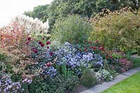 Perennial bed with shrubs in September, Miscanthus, Dahlia, Aster Marie Ballard, Buddleja davidii, Euonymus europaeus 
