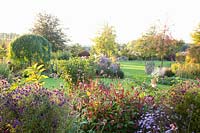 Garden in autumn with perennials, pagoda tree and ornamental apple trees, Sophora japonica Pendula, Malus Evereste 