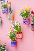 Bulb flowers in painted tins 