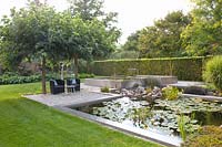 Modern pond with seating area under mulberry trees, Morus alba Macrophylla 