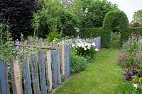 Country garden with fence and beech hedge, Fagus sylvatica 