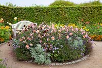 Seating area and island bed with dahlias 