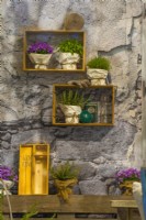 Hanging  boxes with herbs on stone wall in contemporary Italian courtyard.