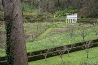 View down onto the geometric kitchen garden and the Exedra at Painswick Rococo Garden in Gloucestershire in March