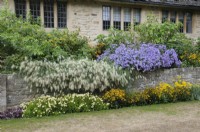 Pennisetum and aster in raised beds tumbling over a stone wall in the Christ Church College War Memorial Garden, University of Oxford, UK  