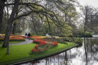 Couple walking through massed planting of bulbs in spring alongside a lake at Keukenhof Gardens, The Netherlands