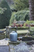 Metal kettle in York Gate Garden in February