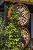 Circular insect hotels made of wood and rusty rings surrounded by Hydrangea petiolaris in urban front garden. Designer: Nicola Haines, Citroen Power of One in Bord Bia Bloom Dublin 2023