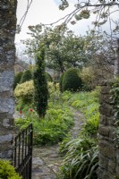 View through a metal gate in to a cottage garden in early spring, with paved path leading away