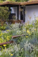 Urban front garden with a rusty steel water rills draining rainwater to a retention pond. The plantings includes drought-tolerant plants: Festuca glauca 'Intense Blue' and Achillea millefolium 'Moonshine' 