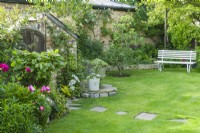 View of the corner of a secluded walled town garden with white painted garden bench on a lawn with stepping stones leading to rustic wooden gate and storage shed. Informal beds with peonies, clematis and climbing roses trained on the walls. June.