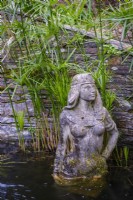 Egyptian statue of Cleopatra in quiet pond with Papyrus water plants